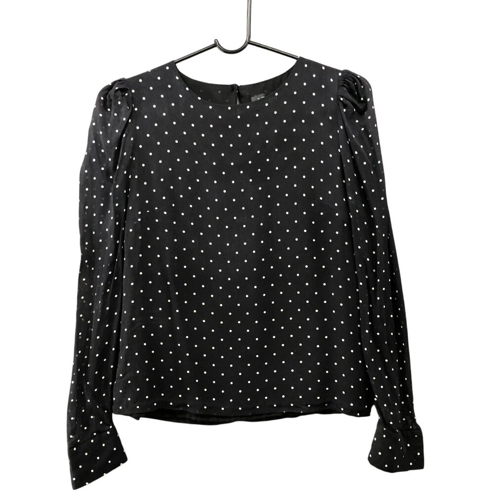 Intermix 100% Silk Long Sleeve Blouse Womens S Black White Polka Dot Puff Sleeve